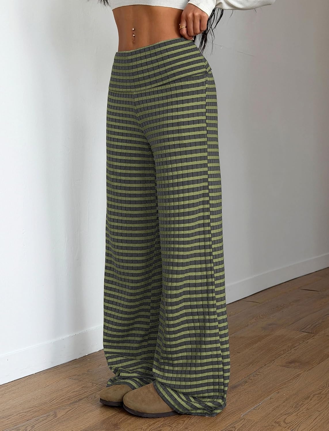 image:imageZAFUL Womens Striped Pants Fold Waist Wide Leg Pants Lounge Pajama Pants2army Green