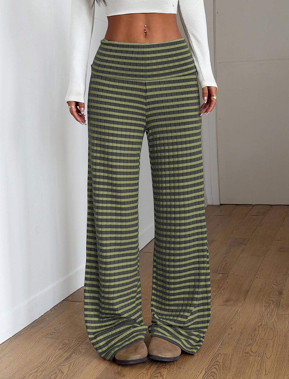 image:imageZAFUL Womens Striped Pants Fold Waist Wide Leg Pants Lounge Pajama Pants2army Green