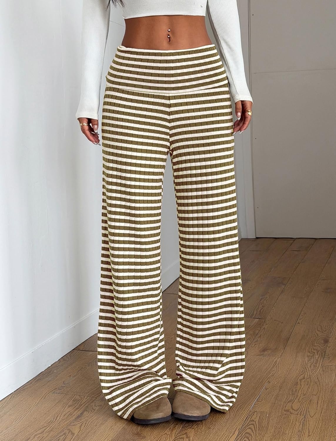 image:imageZAFUL Womens Striped Pants Fold Waist Wide Leg Pants Lounge Pajama Pants2khaki