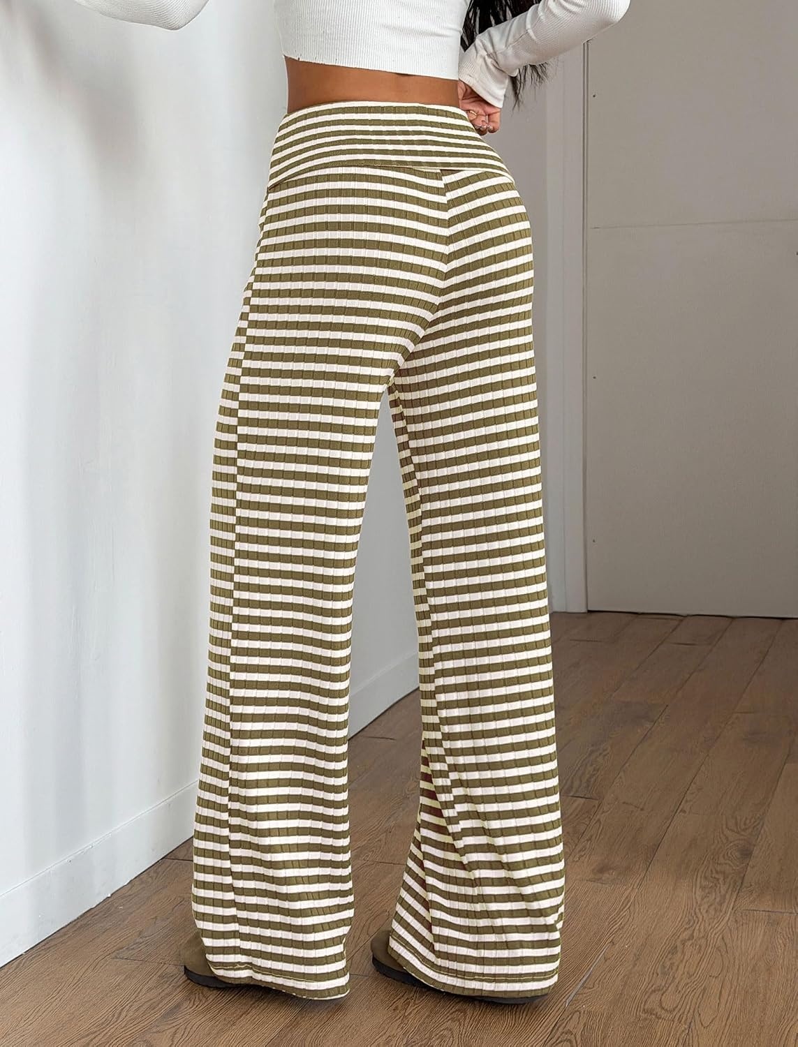 image:imageZAFUL Womens Striped Pants Fold Waist Wide Leg Pants Lounge Pajama Pants2khaki