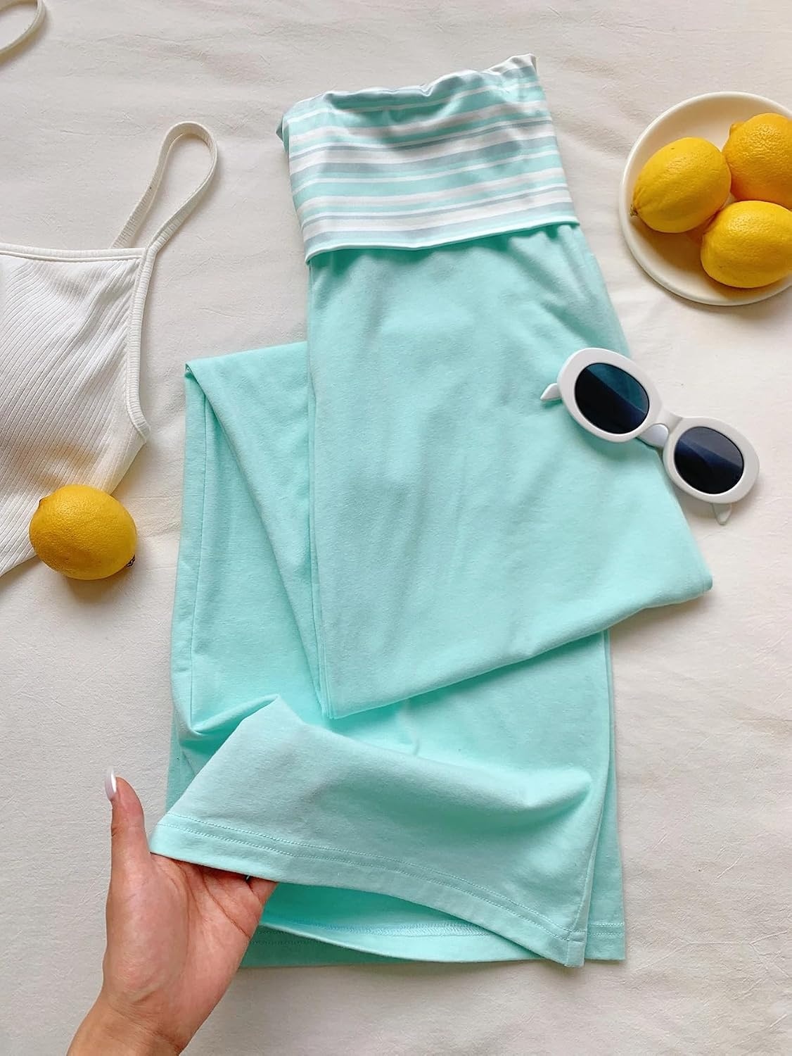 image:imageZAFUL Womens Striped Pants Fold Waist Wide Leg Pants Lounge Pajama Pants2mint Blue