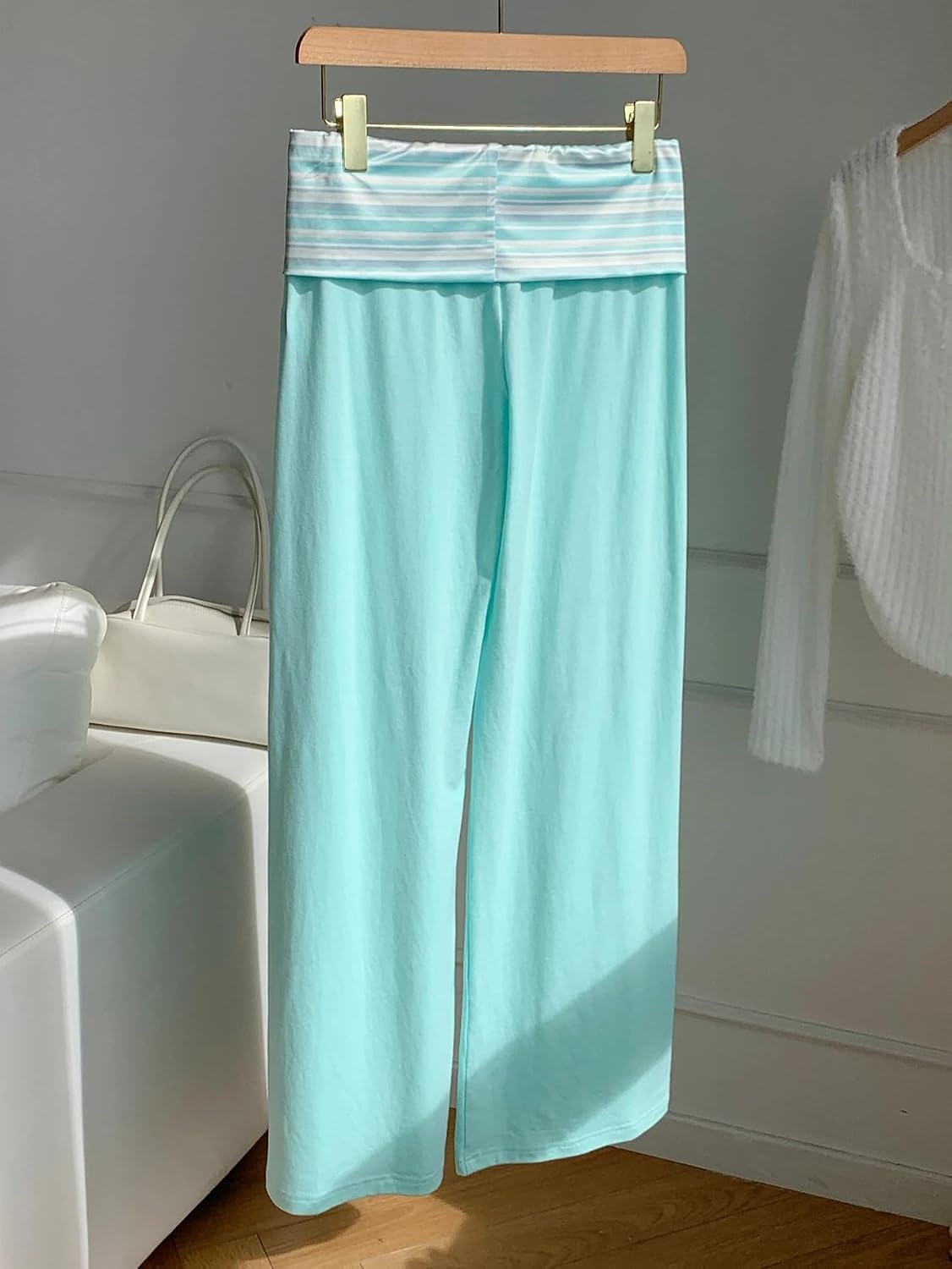 image:imageZAFUL Womens Striped Pants Fold Waist Wide Leg Pants Lounge Pajama Pants2mint Blue