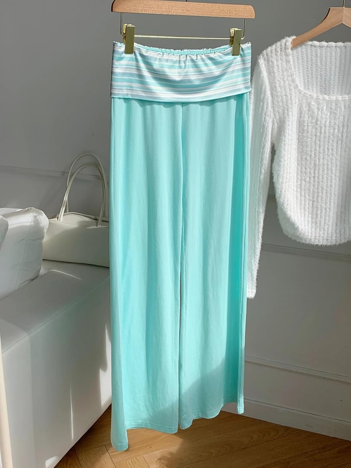 image:imageZAFUL Womens Striped Pants Fold Waist Wide Leg Pants Lounge Pajama Pants2mint Blue