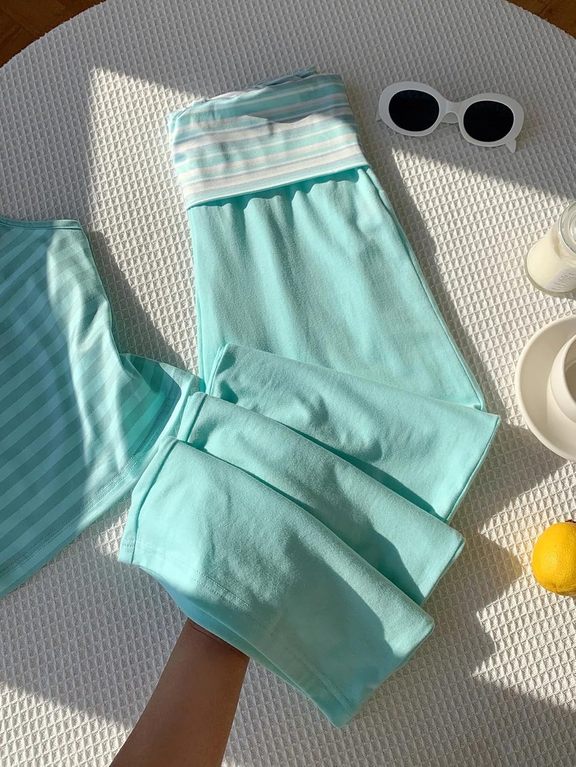 image:imageZAFUL Womens Striped Pants Fold Waist Wide Leg Pants Lounge Pajama Pants2mint Blue