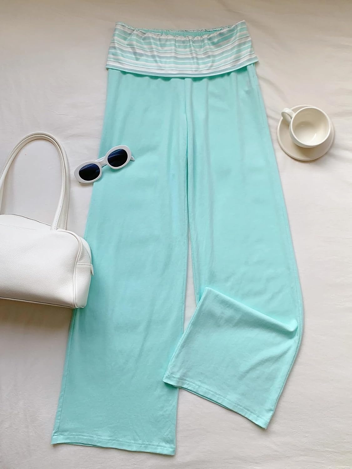 image:imageZAFUL Womens Striped Pants Fold Waist Wide Leg Pants Lounge Pajama Pants2mint Blue