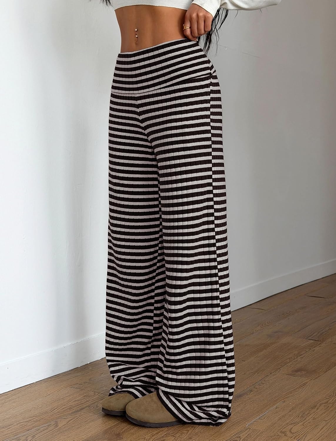 image:imageZAFUL Womens Striped Pants Fold Waist Wide Leg Pants Lounge Pajama Pants2multicolor