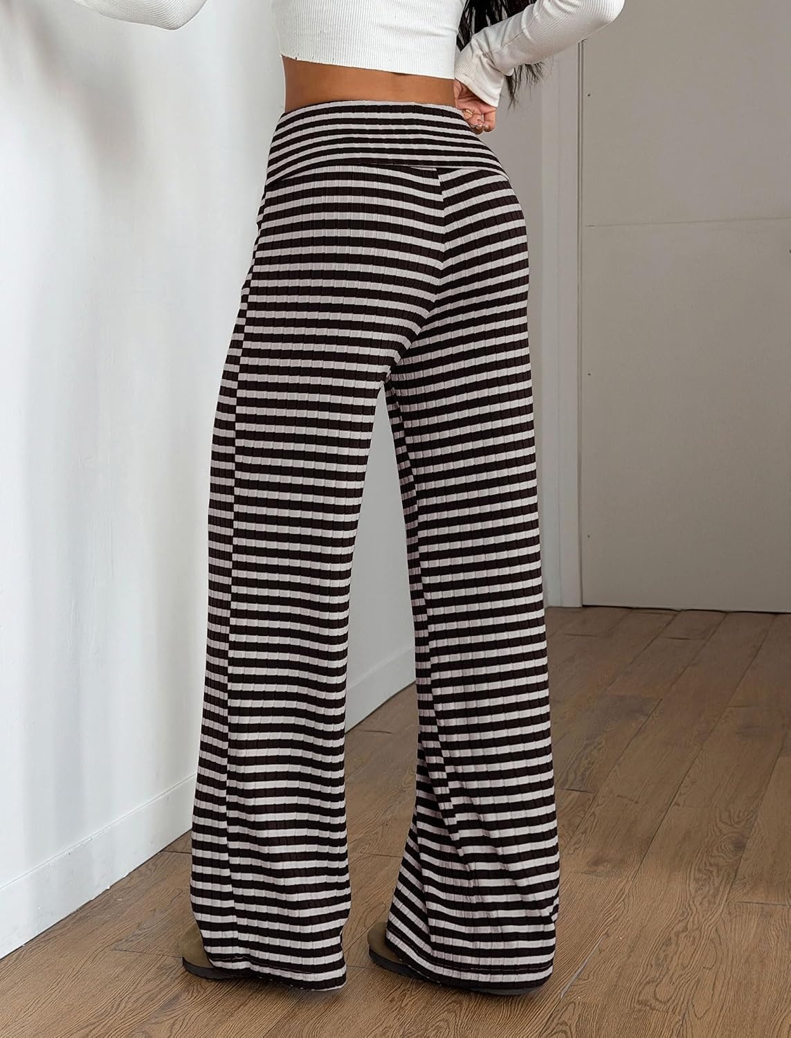 image:imageZAFUL Womens Striped Pants Fold Waist Wide Leg Pants Lounge Pajama Pants2multicolor
