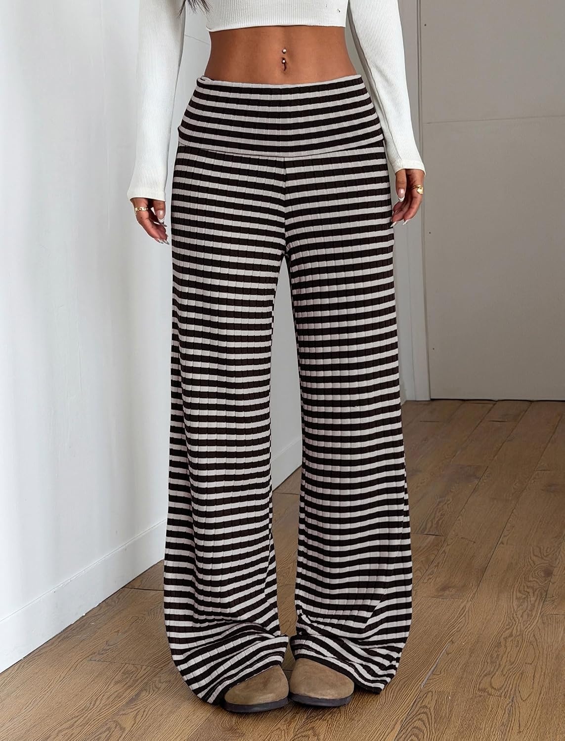 image:imageZAFUL Womens Striped Pants Fold Waist Wide Leg Pants Lounge Pajama Pants2multicolor
