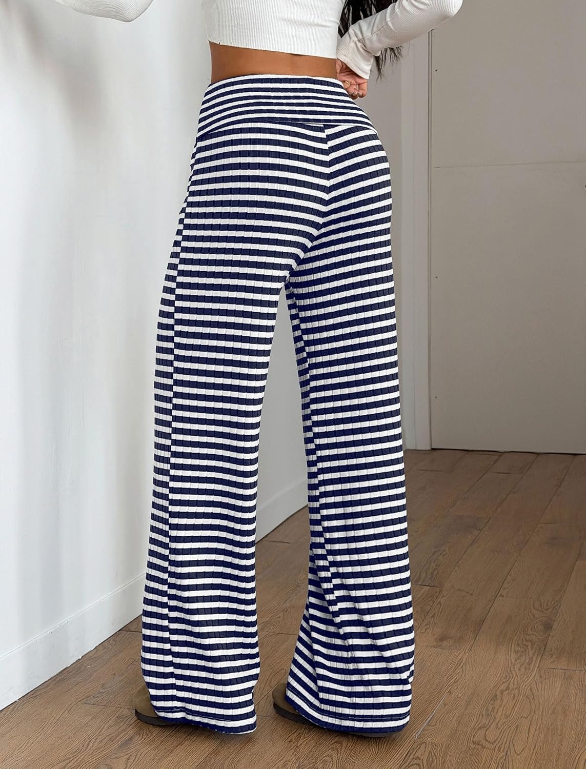 image:imageZAFUL Womens Striped Pants Fold Waist Wide Leg Pants Lounge Pajama Pants2navy Blue