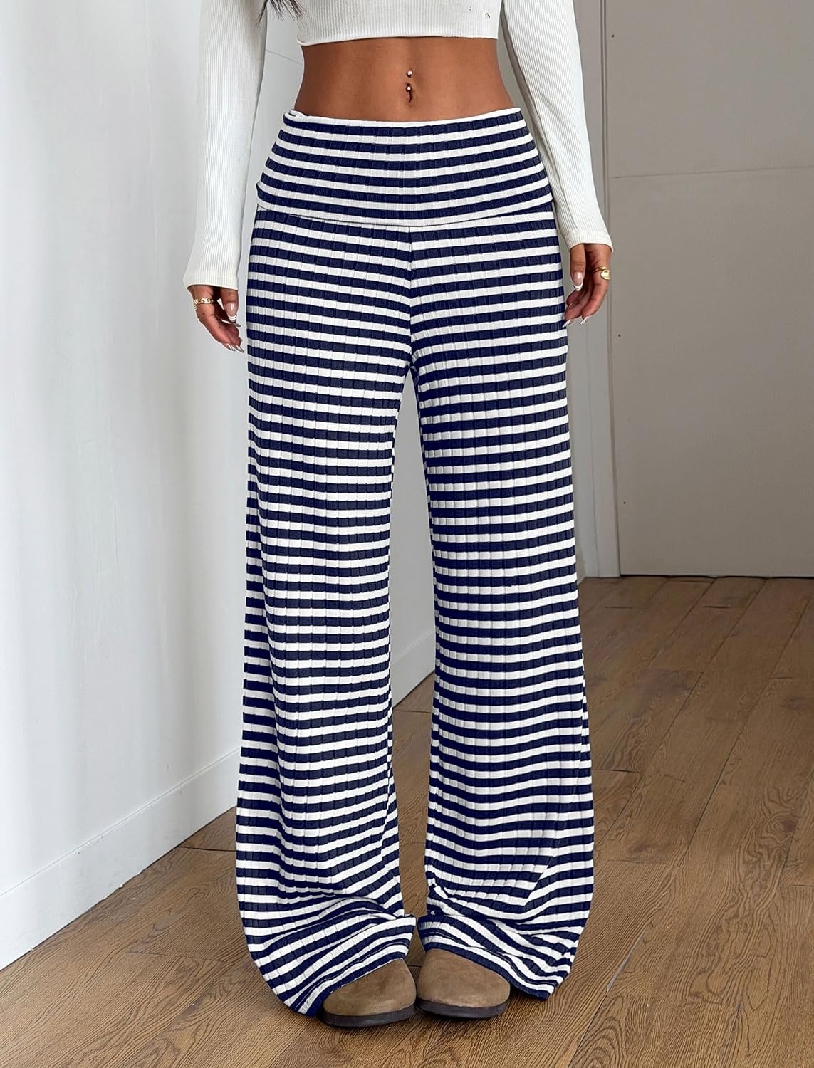 image:imageZAFUL Womens Striped Pants Fold Waist Wide Leg Pants Lounge Pajama Pants2navy Blue