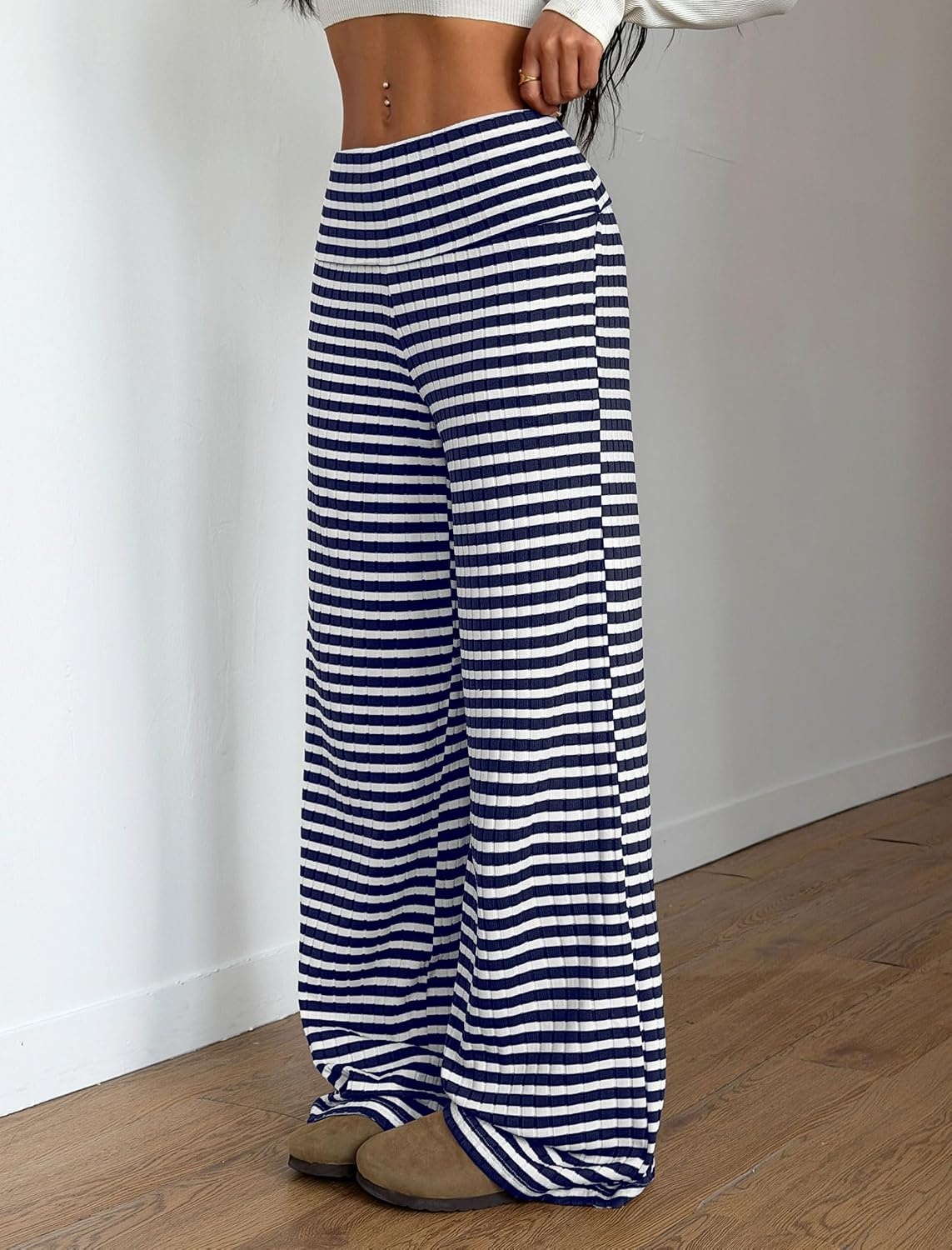 image:imageZAFUL Womens Striped Pants Fold Waist Wide Leg Pants Lounge Pajama Pants2navy Blue