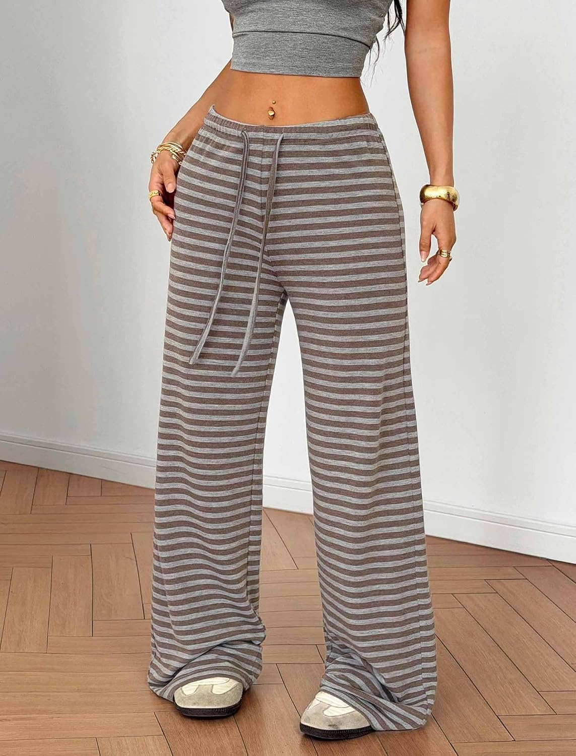 image:imageZAFUL Womens Striped Pants Fold Waist Wide Leg Pants Lounge Pajama Pants3brown