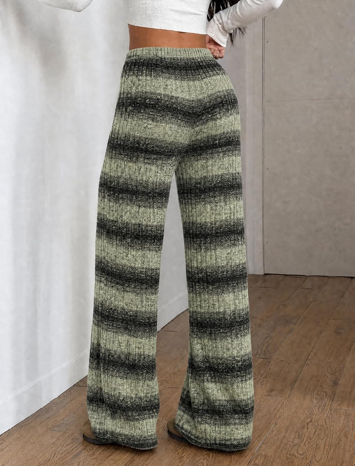 image:imageZAFUL Womens Striped Pants Fold Waist Wide Leg Pants Lounge Pajama Pants3green