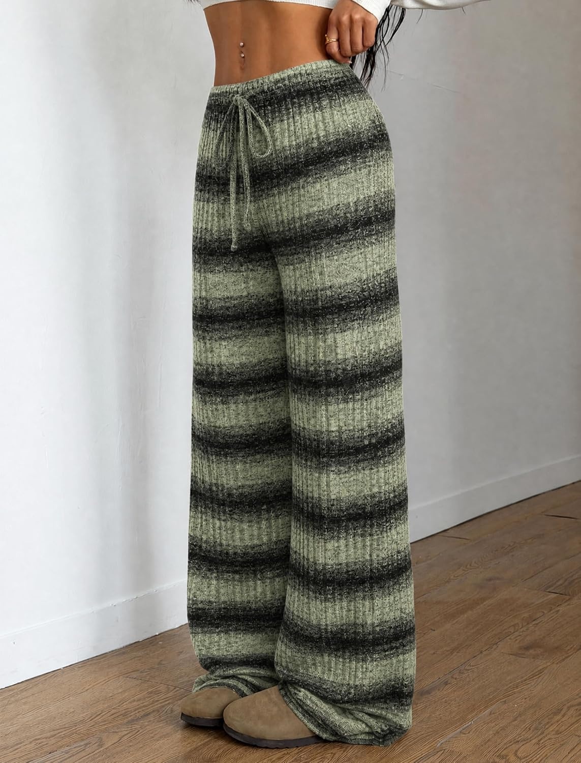 image:imageZAFUL Womens Striped Pants Fold Waist Wide Leg Pants Lounge Pajama Pants3green