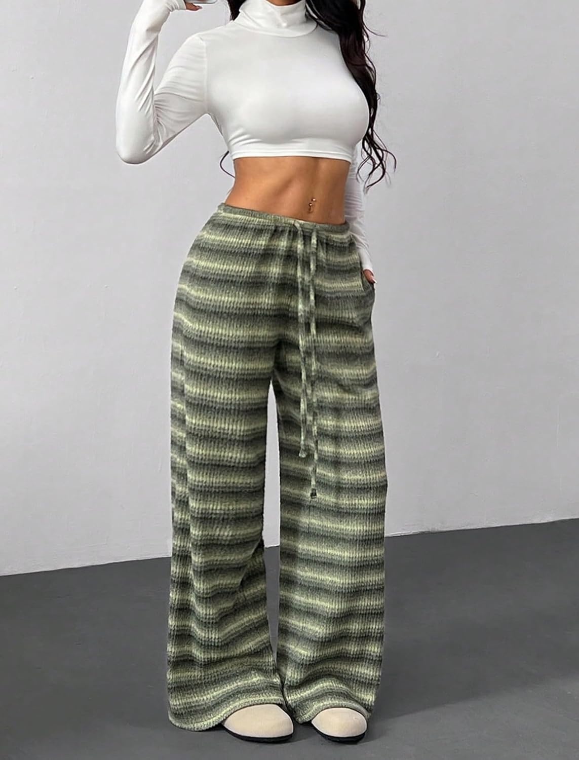 image:imageZAFUL Womens Striped Pants Fold Waist Wide Leg Pants Lounge Pajama Pants3green