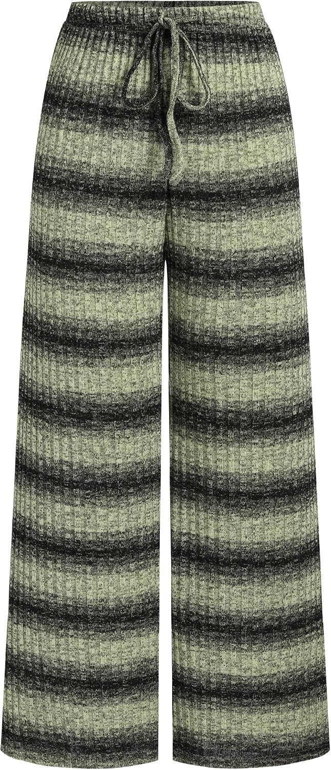 image:imageZAFUL Womens Striped Pants Fold Waist Wide Leg Pants Lounge Pajama Pants3green