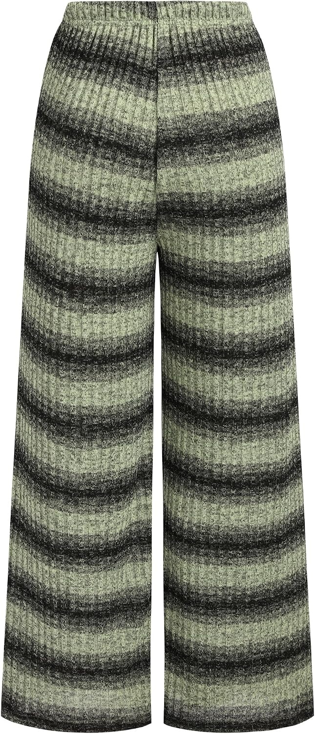 image:imageZAFUL Womens Striped Pants Fold Waist Wide Leg Pants Lounge Pajama Pants3green