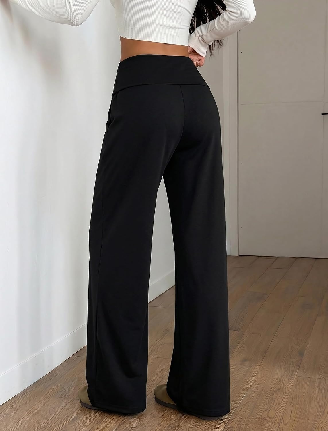 image:imageZAFUL Womens Striped Pants Fold Waist Wide Leg Pants Lounge Pajama Pants3zblack