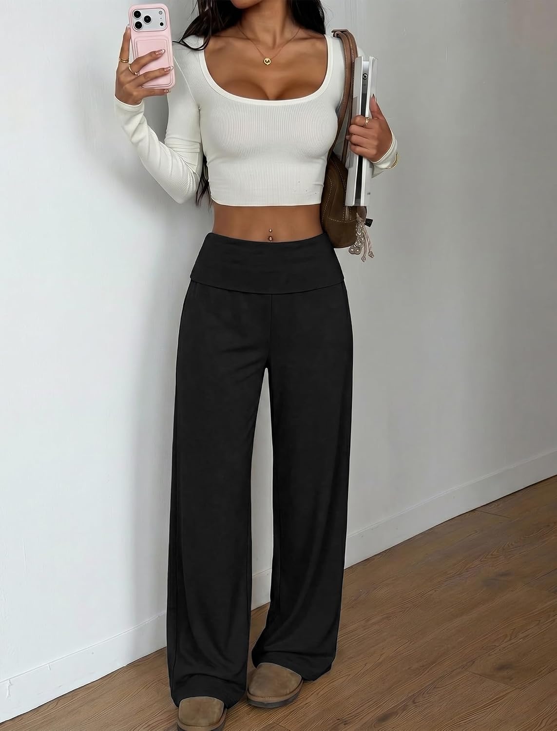 image:imageZAFUL Womens Striped Pants Fold Waist Wide Leg Pants Lounge Pajama Pants3zblack