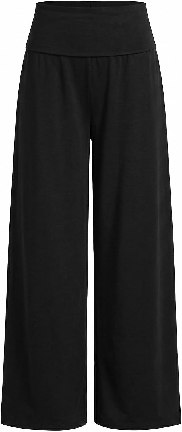 image:imageZAFUL Womens Striped Pants Fold Waist Wide Leg Pants Lounge Pajama Pants3zblack
