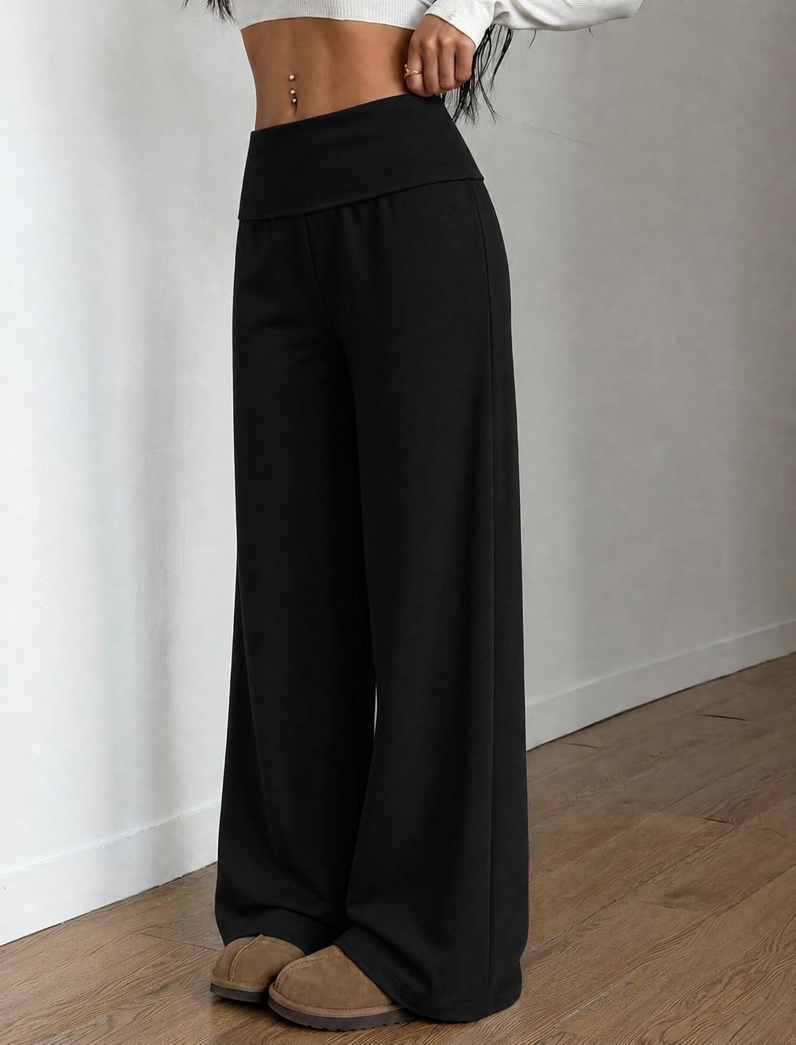 image:imageZAFUL Womens Striped Pants Fold Waist Wide Leg Pants Lounge Pajama Pants3zblack
