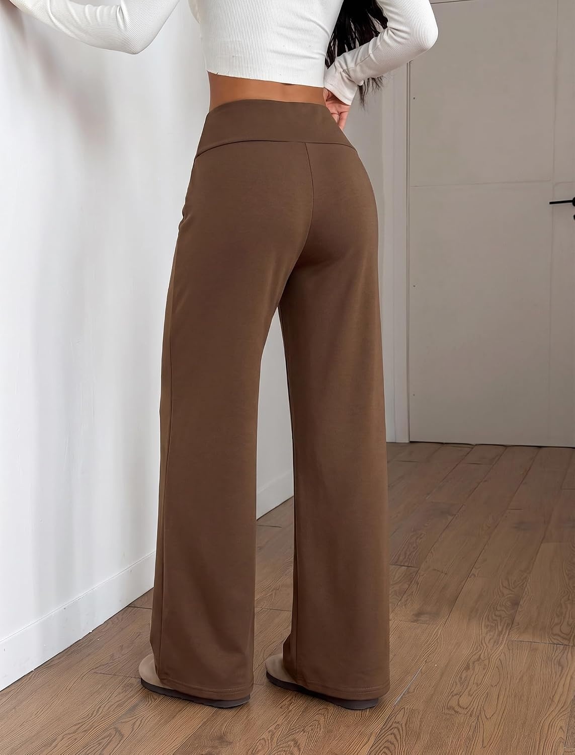 image:imageZAFUL Womens Striped Pants Fold Waist Wide Leg Pants Lounge Pajama Pants3zbrown