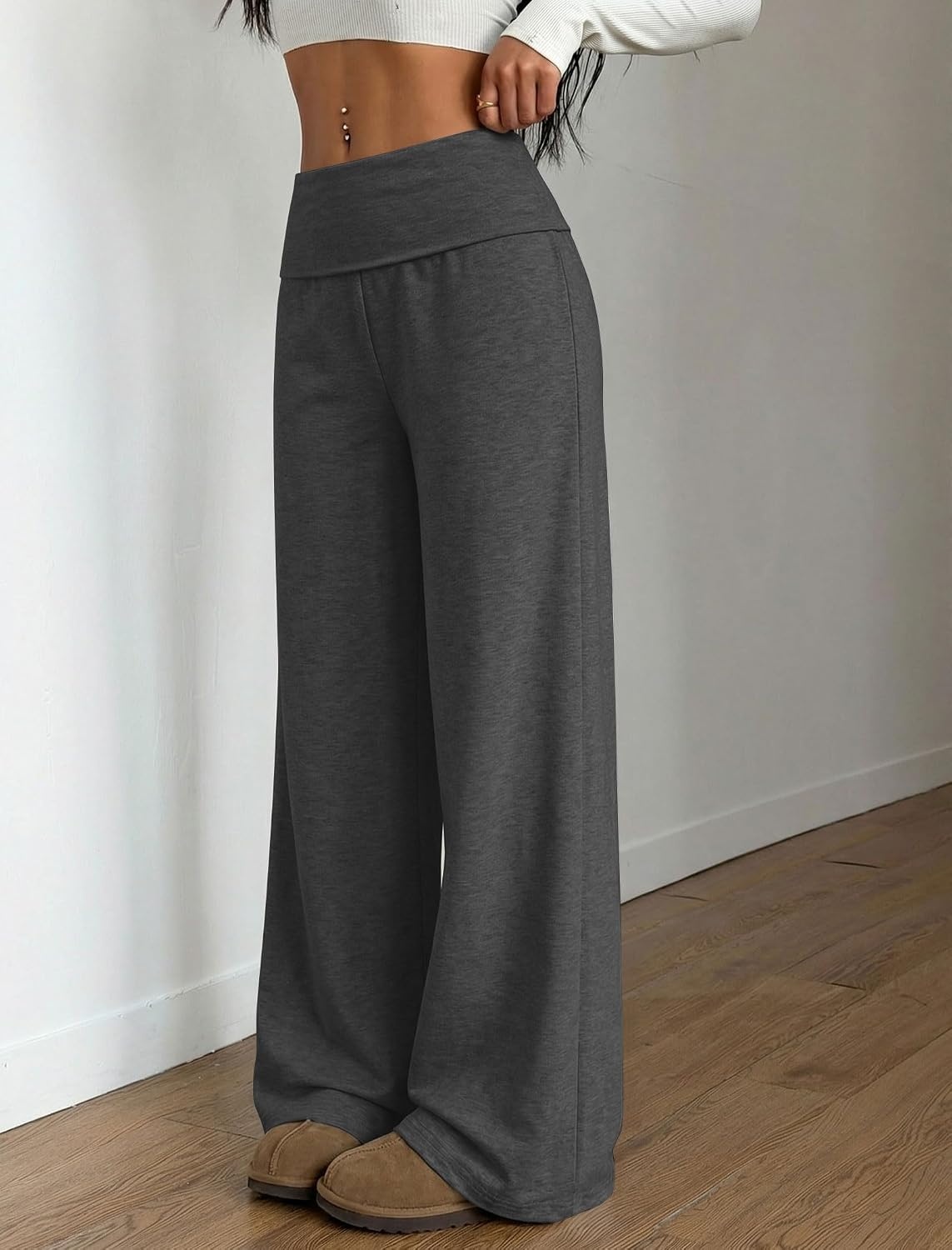 image:imageZAFUL Womens Striped Pants Fold Waist Wide Leg Pants Lounge Pajama Pants3zdark Gray