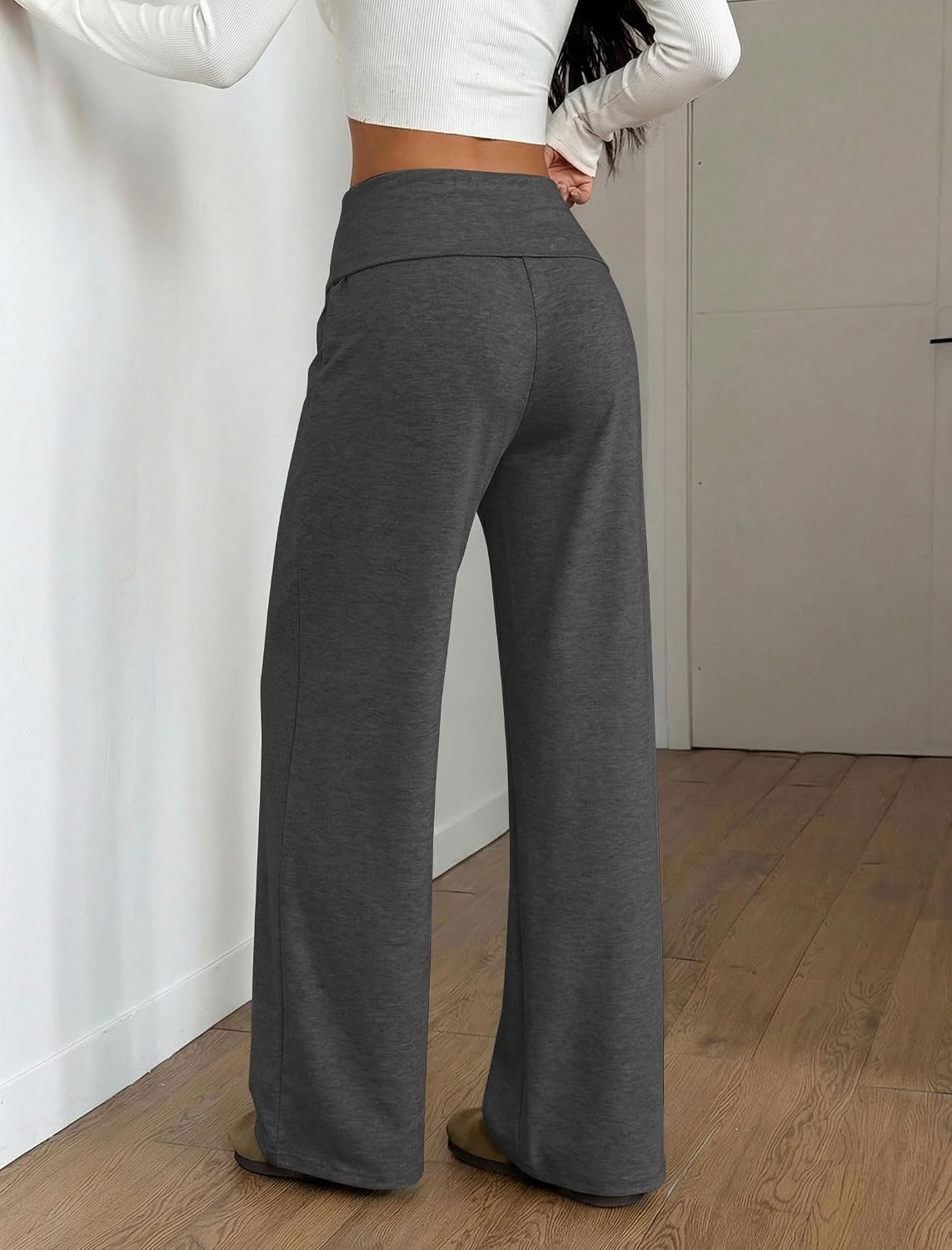image:imageZAFUL Womens Striped Pants Fold Waist Wide Leg Pants Lounge Pajama Pants3zdark Gray