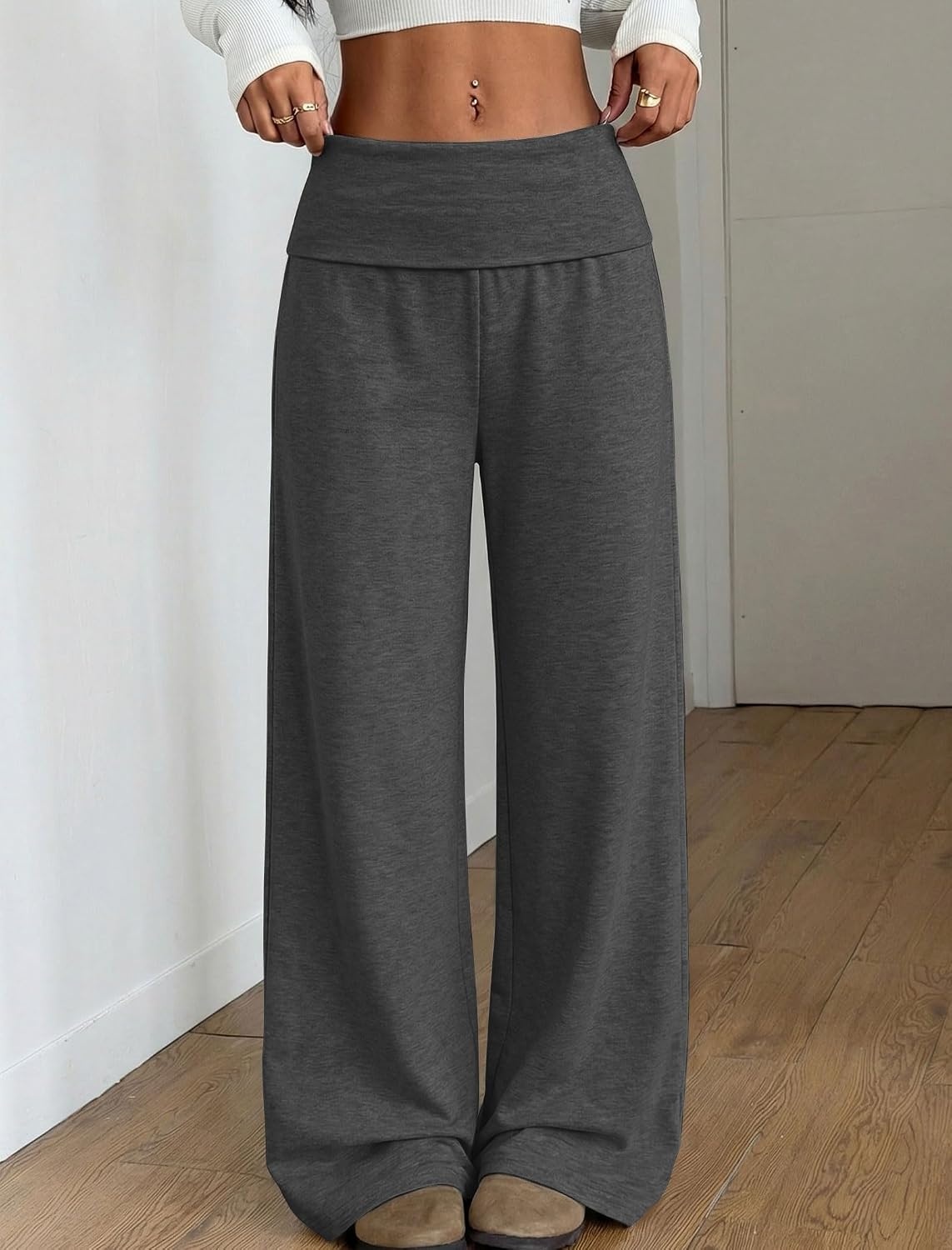 image:imageZAFUL Womens Striped Pants Fold Waist Wide Leg Pants Lounge Pajama Pants3zdark Gray