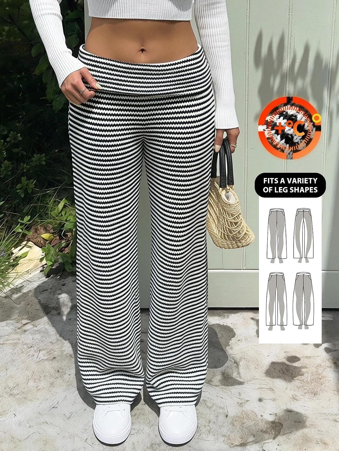 image:imageZAFUL Womens Striped Pants Fold Waist Wide Leg Pants Lounge Pajama Pants4black and White