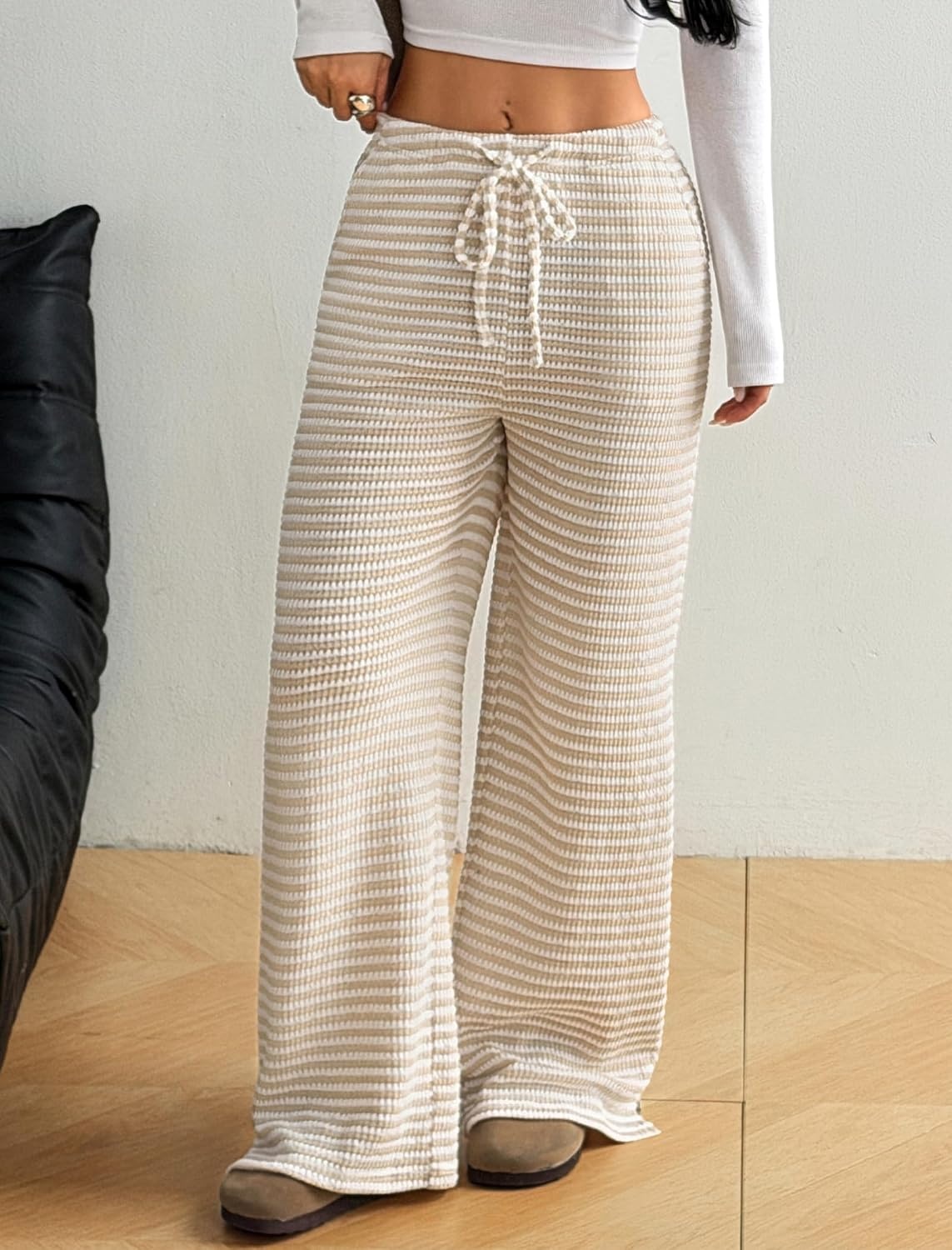 image:imageZAFUL Womens Striped Pants Fold Waist Wide Leg Pants Lounge Pajama Pants4khaki