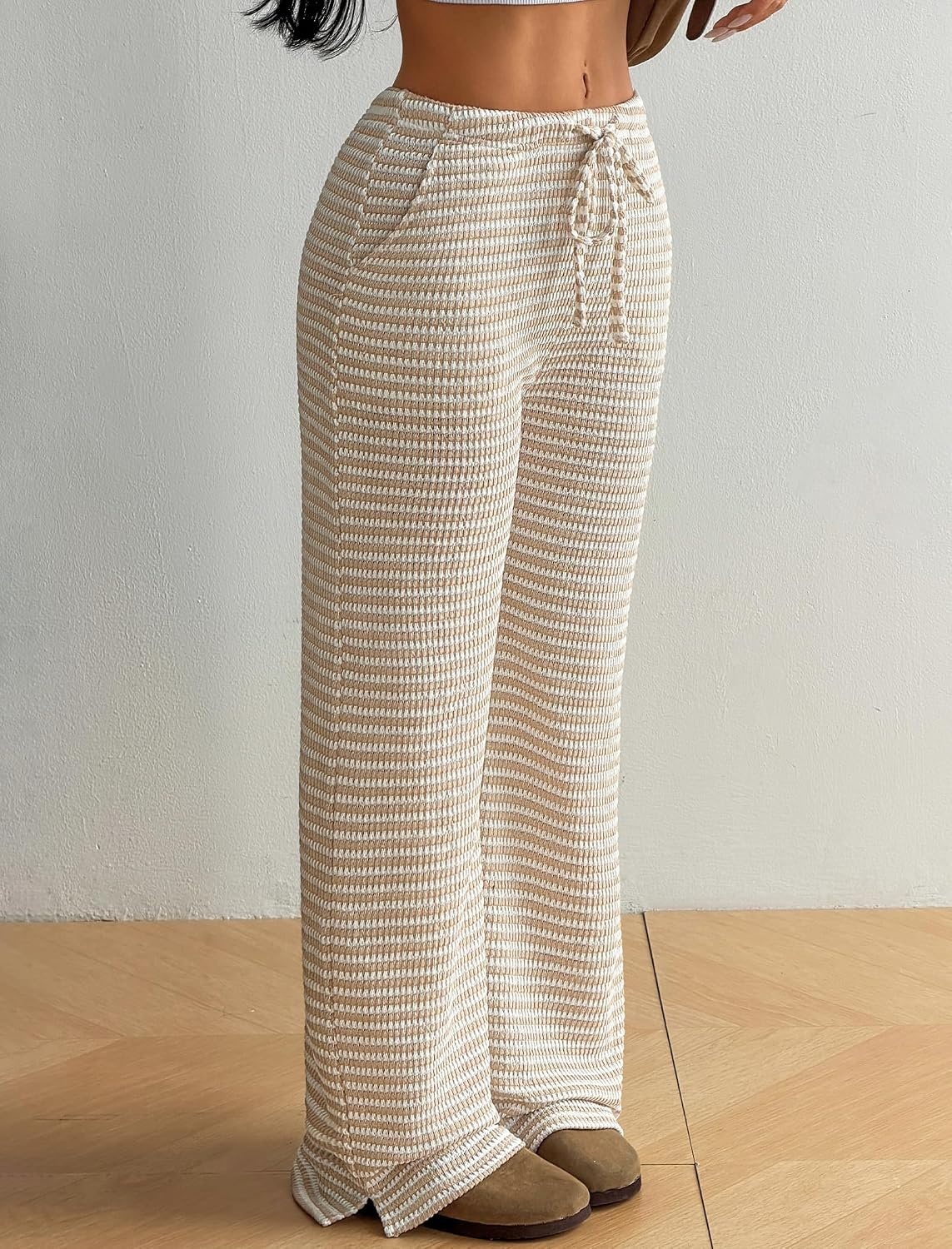 image:imageZAFUL Womens Striped Pants Fold Waist Wide Leg Pants Lounge Pajama Pants4khaki