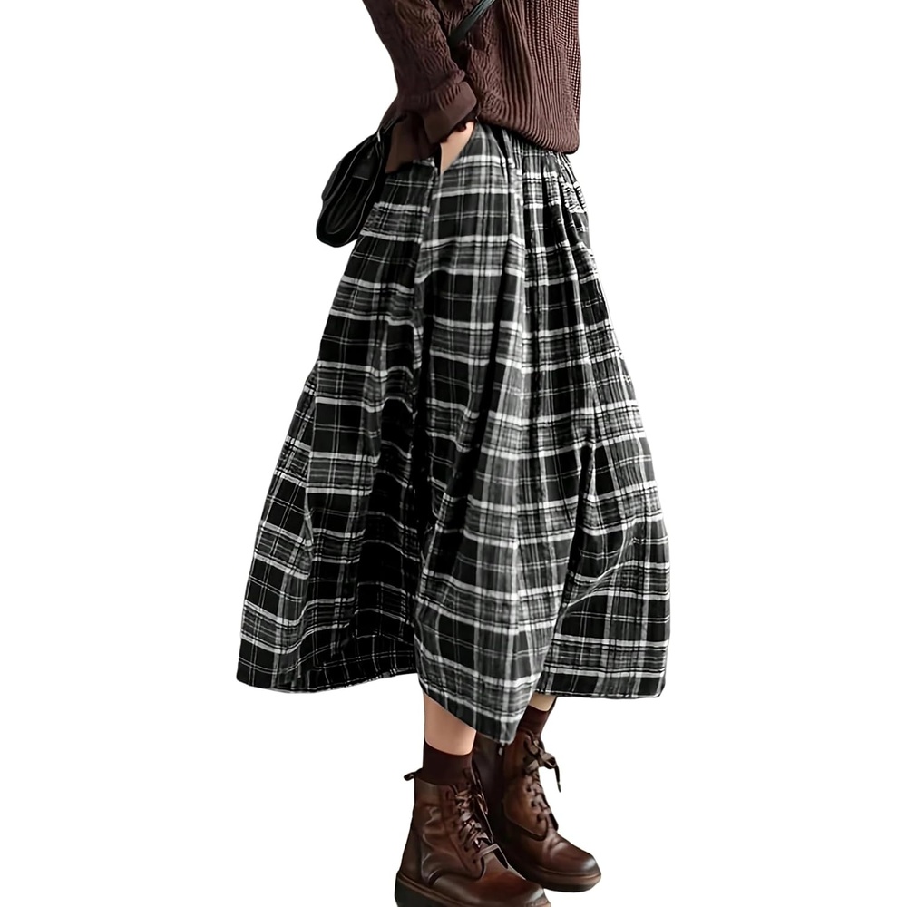 image:imageZAFUL Womens Plaid Skirts Elastic Waist ALine Pleated Midi SkirtsAblack