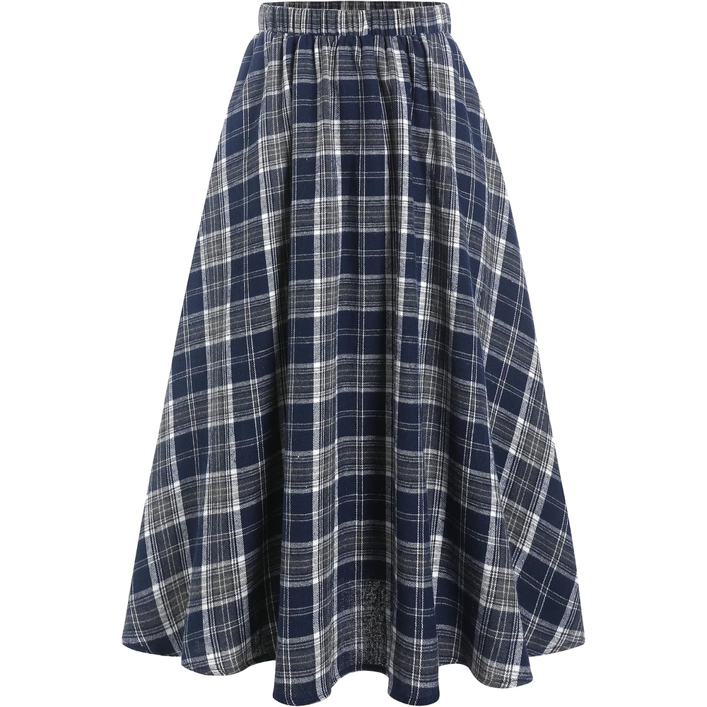 image:imageZAFUL Womens Plaid Skirts Elastic Waist ALine Pleated Midi SkirtsAnavy Blue