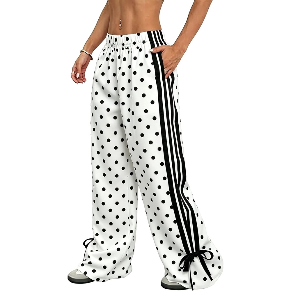 image:imageZAFUL Womens Side Striped Baggy Pants Wide Leg Track Pants Streetwear3polka White