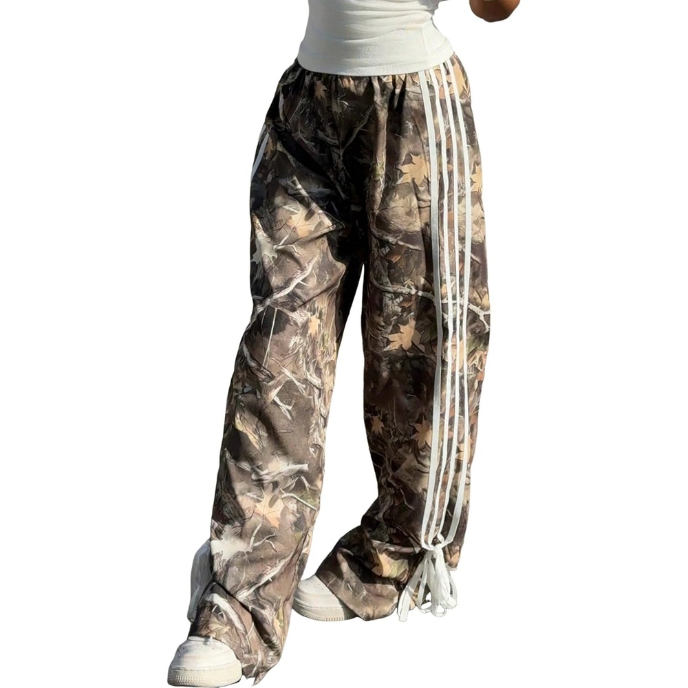 image:imageZAFUL Womens Side Striped Baggy Pants Wide Leg Track Pants Streetwear4brown Leaf