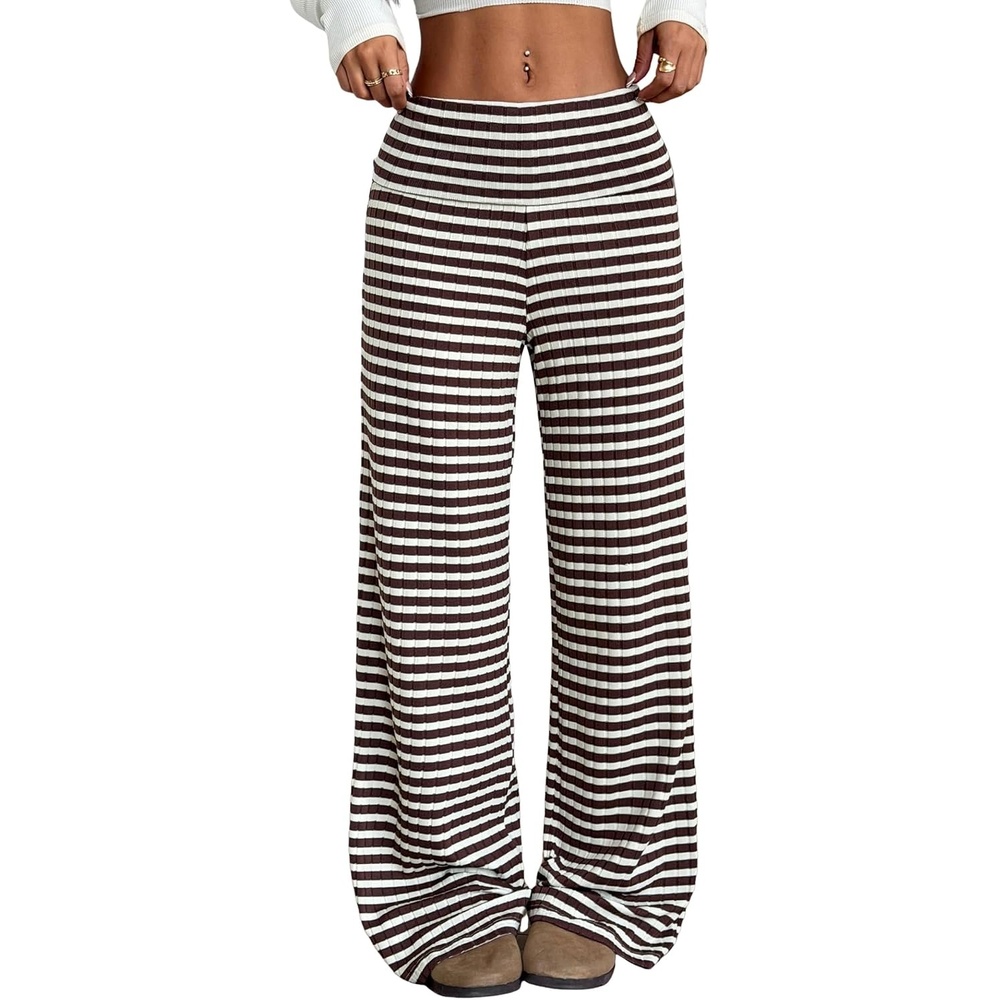 image:imageZAFUL Womens Striped Pants Fold Waist Wide Leg Pants Lounge Pajama Pants0brown