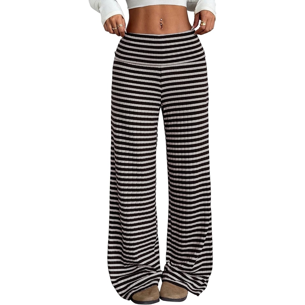 image:imageZAFUL Womens Striped Pants Fold Waist Wide Leg Pants Lounge Pajama Pants2multicolor