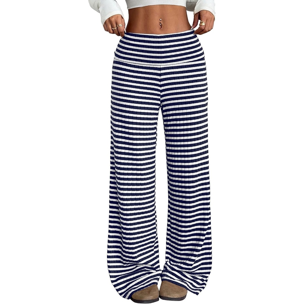 image:imageZAFUL Womens Striped Pants Fold Waist Wide Leg Pants Lounge Pajama Pants2navy Blue