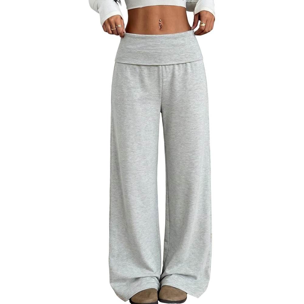 image:imageZAFUL Womens Striped Pants Fold Waist Wide Leg Pants Lounge Pajama Pants3gray