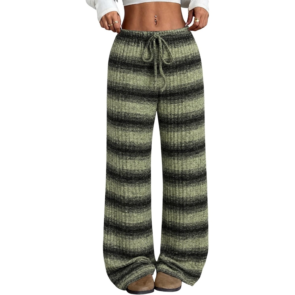 image:imageZAFUL Womens Striped Pants Fold Waist Wide Leg Pants Lounge Pajama Pants3green