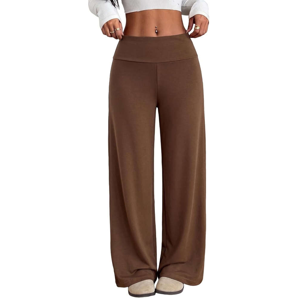 image:imageZAFUL Womens Striped Pants Fold Waist Wide Leg Pants Lounge Pajama Pants3zbrown