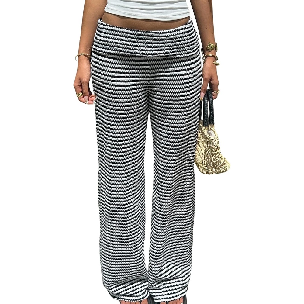 image:imageZAFUL Womens Striped Pants Fold Waist Wide Leg Pants Lounge Pajama Pants4black and White