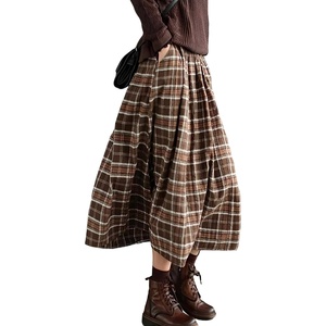 ZAFUL Womens Plaid Skirts Elastic Waist A-Line Pleated Midi Skirts(A-brown)