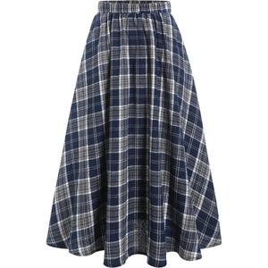 ZAFUL Womens Plaid Skirts Elastic Waist A-Line Pleated Midi Skirts(A-navy Blue)
