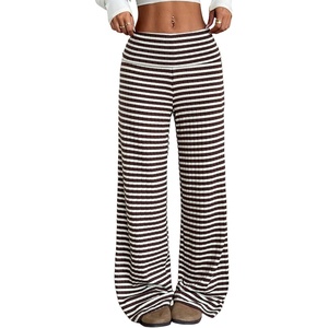 ZAFUL Women’s Striped Pants Fold Waist Wide Leg Pants Lounge Pajama Pants(0-brown)