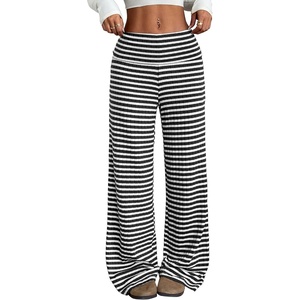 ZAFUL Women’s Striped Pants Fold Waist Wide Leg Pants Lounge Pajama Pants(1-black)
