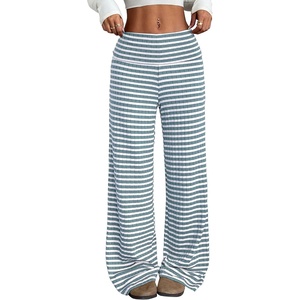 ZAFUL Women’s Striped Pants Fold Waist Wide Leg Pants Lounge Pajama Pants(1-blue)