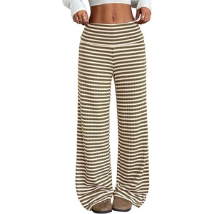 ZAFUL Women’s Striped Pants Fold Waist Wide Leg Pants Lounge Pajama Pants(2-khaki)