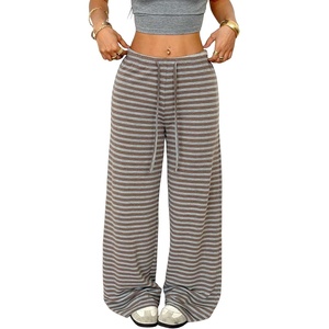 ZAFUL Women’s Striped Pants Fold Waist Wide Leg Pants Lounge Pajama Pants(3-brown)